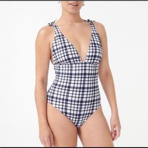 NEW J Crew Tie-Shoulder One-Piece Swimsuit Marine Plaid Size 10